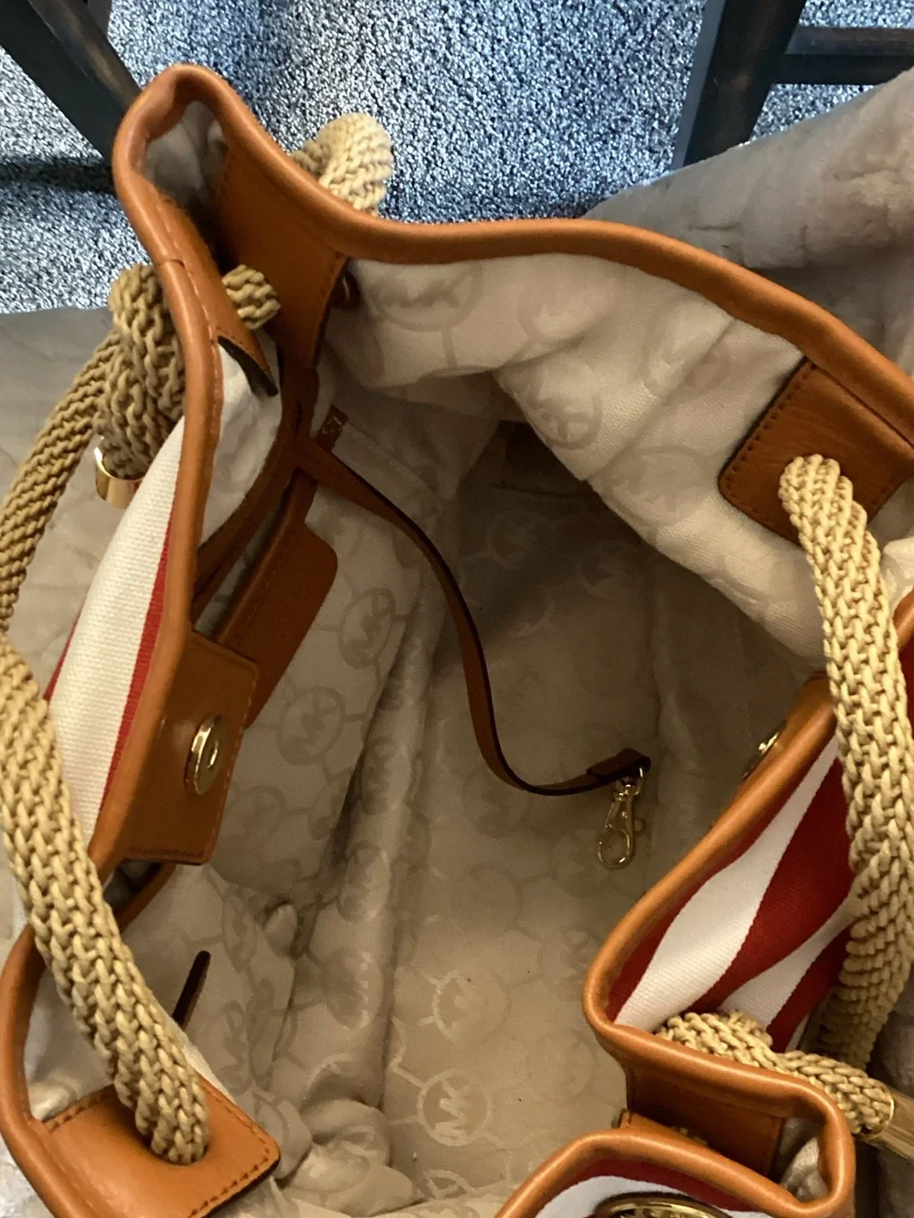 Michael Kors Red and White Striped Rope-Handle Tote
